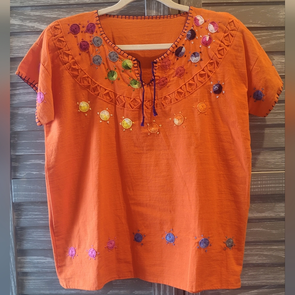 📣2 for $35‼️Embroidered Orange Multi-colored Traditional Mexican Top